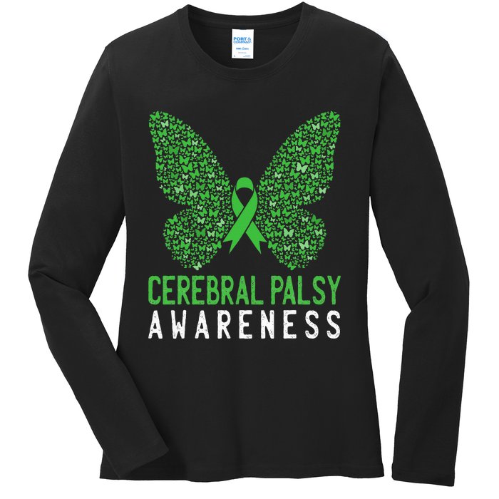 Butterfly Cerebral Palsy Awareness CP Green Ribbon Support Ladies Long Sleeve Shirt