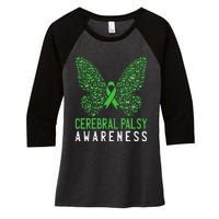 Butterfly Cerebral Palsy Awareness CP Green Ribbon Support Women's Tri-Blend 3/4-Sleeve Raglan Shirt