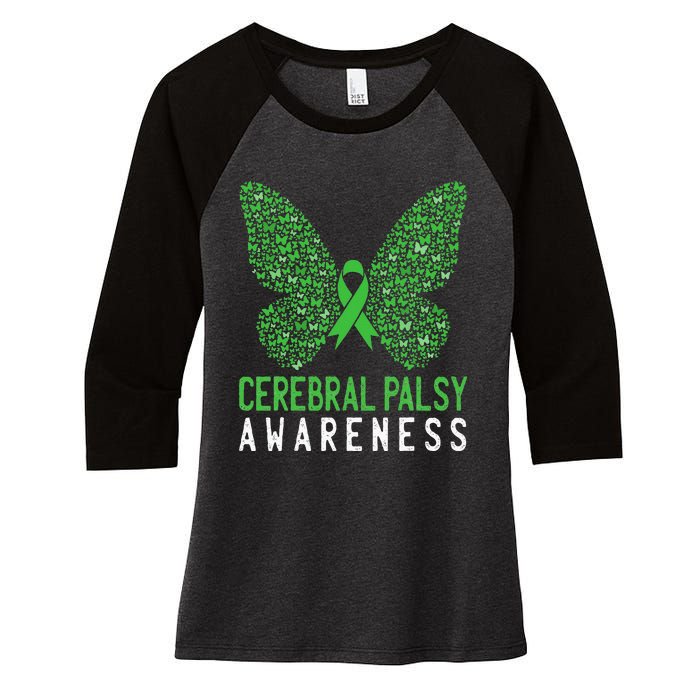 Butterfly Cerebral Palsy Awareness CP Green Ribbon Support Women's Tri-Blend 3/4-Sleeve Raglan Shirt