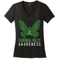 Butterfly Cerebral Palsy Awareness CP Green Ribbon Support Women's V-Neck T-Shirt