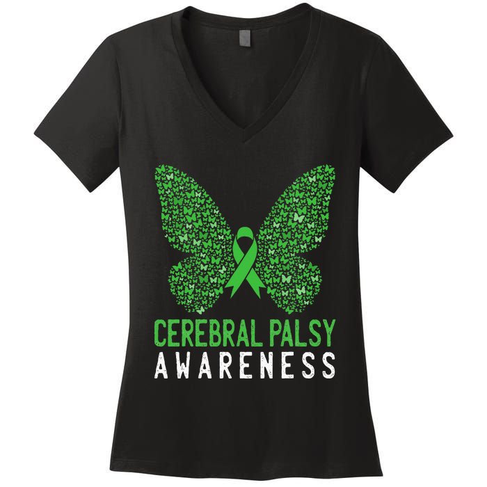 Butterfly Cerebral Palsy Awareness CP Green Ribbon Support Women's V-Neck T-Shirt