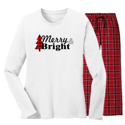 Buffalo Check Plaid Merry And Bright Christmas Holiday Premium Women's Long Sleeve Flannel Pajama Set 