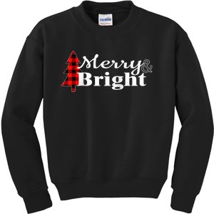 Buffalo Check Plaid Merry And Bright Christmas Holiday Raglan Baseball Kids Sweatshirt