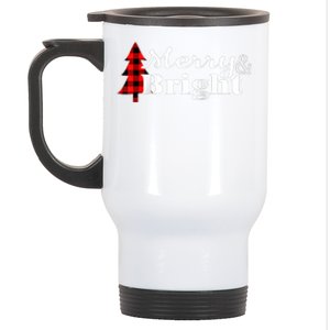 Buffalo Check Plaid Merry And Bright Christmas Holiday Raglan Baseball Stainless Steel Travel Mug