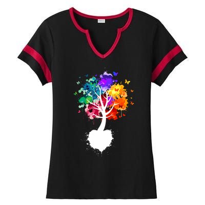 Bright Colorful Painted Butterfly Tree Ladies Halftime Notch Neck Tee