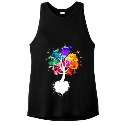 Bright Colorful Painted Butterfly Tree Ladies PosiCharge Tri-Blend Wicking Tank