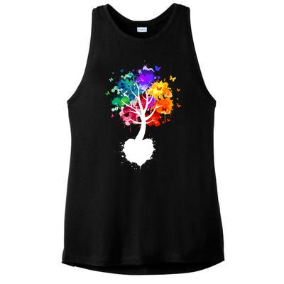 Bright Colorful Painted Butterfly Tree Ladies PosiCharge Tri-Blend Wicking Tank