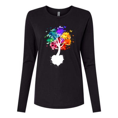 Bright Colorful Painted Butterfly Tree Womens Cotton Relaxed Long Sleeve T-Shirt