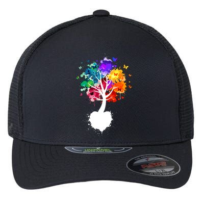 Bright Colorful Painted Butterfly Tree Flexfit Unipanel Trucker Cap