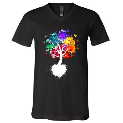 Bright Colorful Painted Butterfly Tree V-Neck T-Shirt