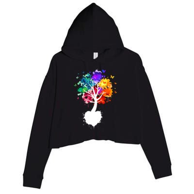 Bright Colorful Painted Butterfly Tree Crop Fleece Hoodie