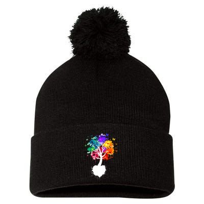 Bright Colorful Painted Butterfly Tree Pom Pom 12in Knit Beanie