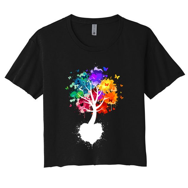 Bright Colorful Painted Butterfly Tree Crop Top