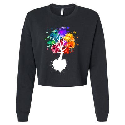 Bright Colorful Painted Butterfly Tree Cropped Pullover Crew
