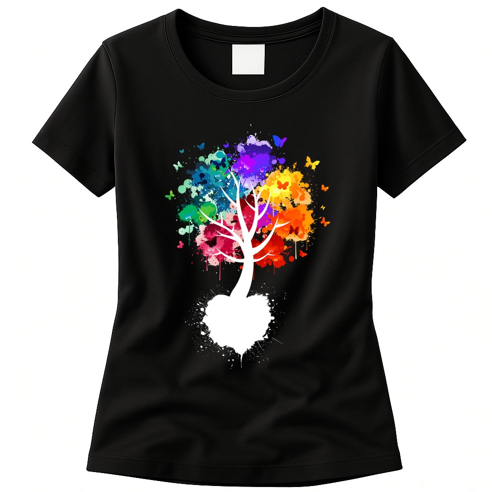 Bright Colorful Painted Butterfly Tree Womens T-Shirt