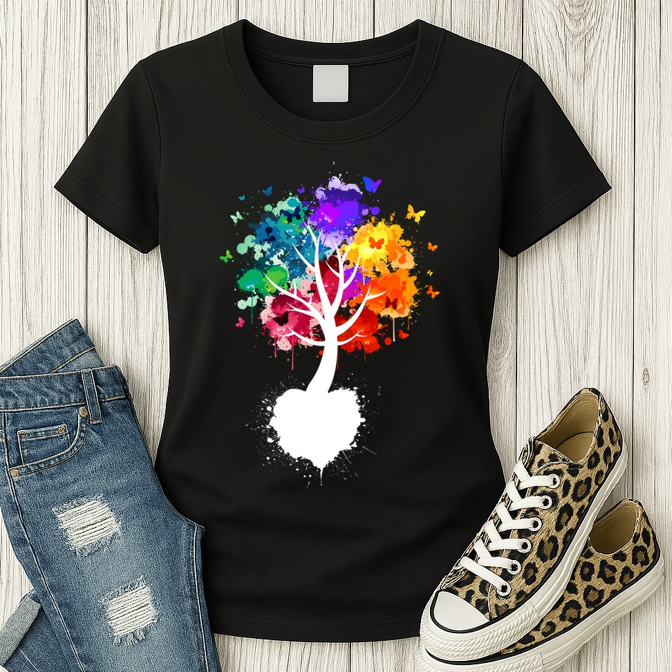 Bright Colorful Painted Butterfly Tree Womens T-Shirt