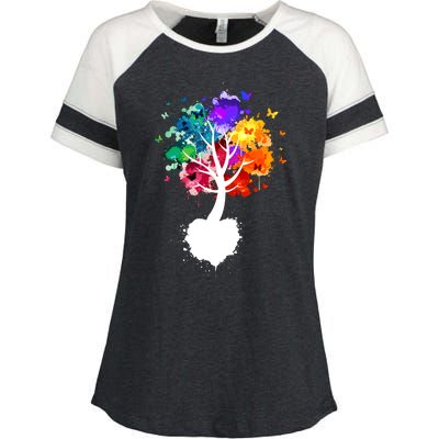 Bright Colorful Painted Butterfly Tree Enza Ladies Jersey Colorblock Tee