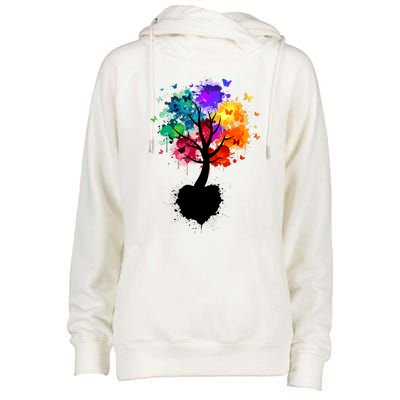 Bright Colorful Painted Butterfly Tree Womens Funnel Neck Pullover Hood