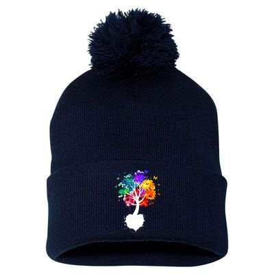 Bright Colorful Painted Butterfly Tree Pom Pom 12in Knit Beanie