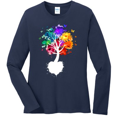 Bright Colorful Painted Butterfly Tree Ladies Long Sleeve Shirt