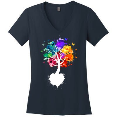 Bright Colorful Painted Butterfly Tree Women's V-Neck T-Shirt