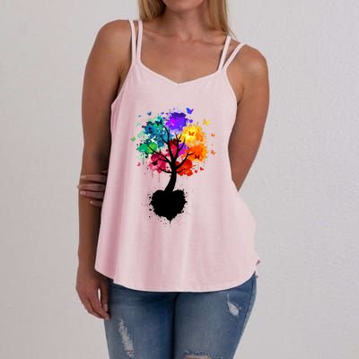 Bright Colorful Painted Butterfly Tree Women's Strappy Tank