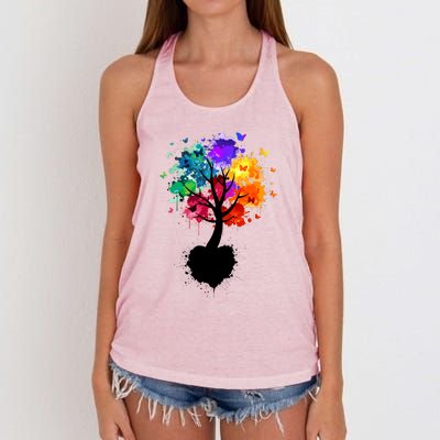 Bright Colorful Painted Butterfly Tree Women's Knotted Racerback Tank