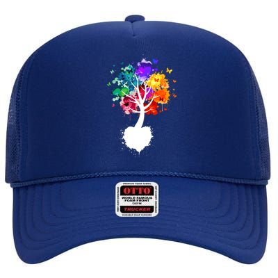 Bright Colorful Painted Butterfly Tree High Crown Mesh Back Trucker Hat