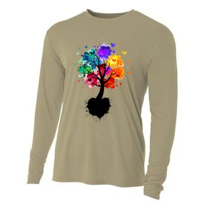 Bright Colorful Painted Butterfly Tree Cooling Performance Long Sleeve Crew