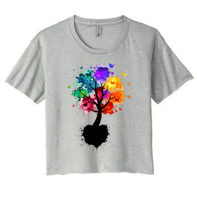 Bright Colorful Painted Butterfly Tree Women's Crop Top Tee