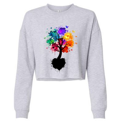 Bright Colorful Painted Butterfly Tree Cropped Pullover Crew