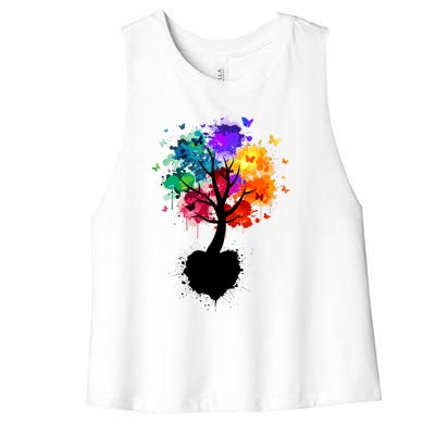 Bright Colorful Painted Butterfly Tree Women's Racerback Cropped Tank