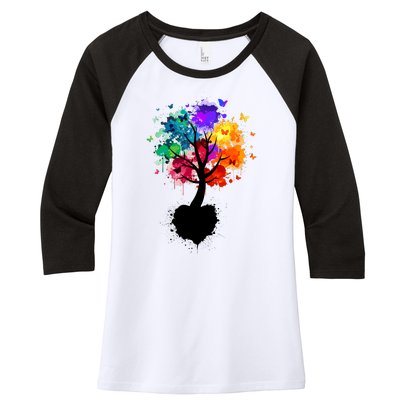 Bright Colorful Painted Butterfly Tree Women's Tri-Blend 3/4-Sleeve Raglan Shirt