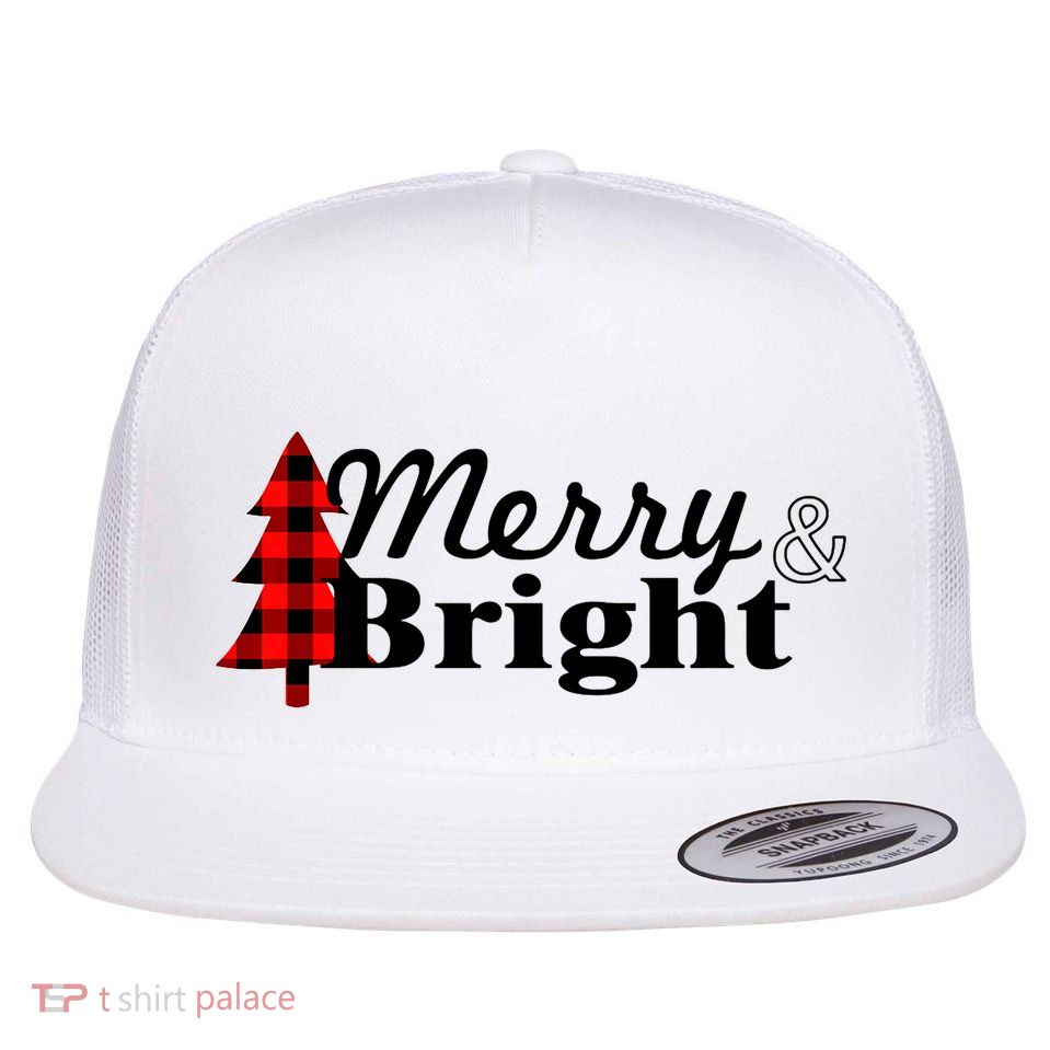Buffalo Check Plaid Merry And Bright Christmas Holiday Premium Flat Bill Trucker Hat
