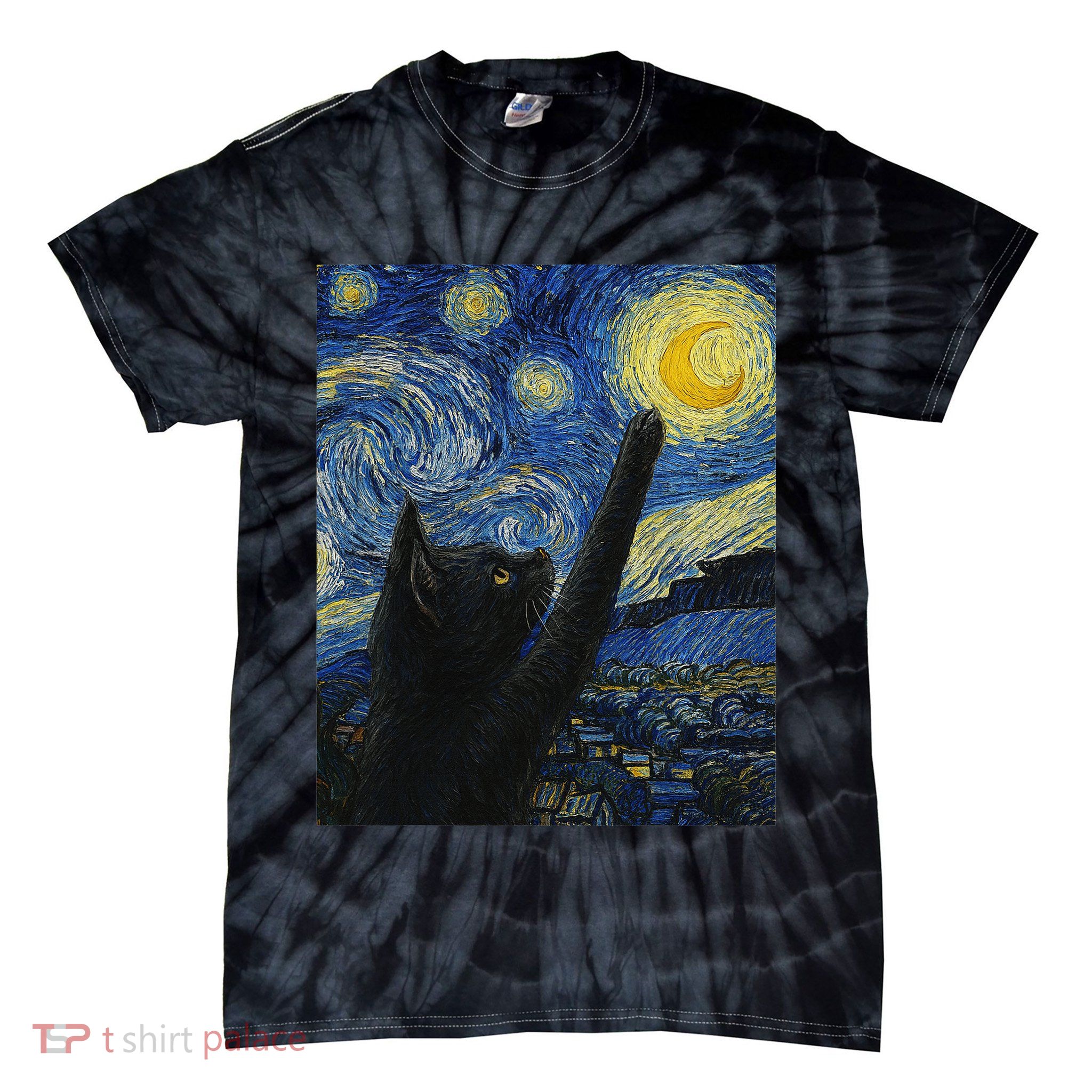 Black Cat Reaching For The Moon Starry Night Sky Art Tie-Dye T-Shirt