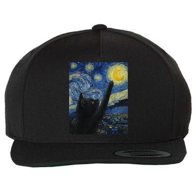 Black Cat Reaching For The Moon Starry Night Sky Art Wool Snapback Cap