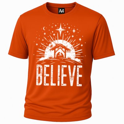 Believe Christmas Religious Nativity Jesus Ger Gift Cooling Performance Crew T-Shirt