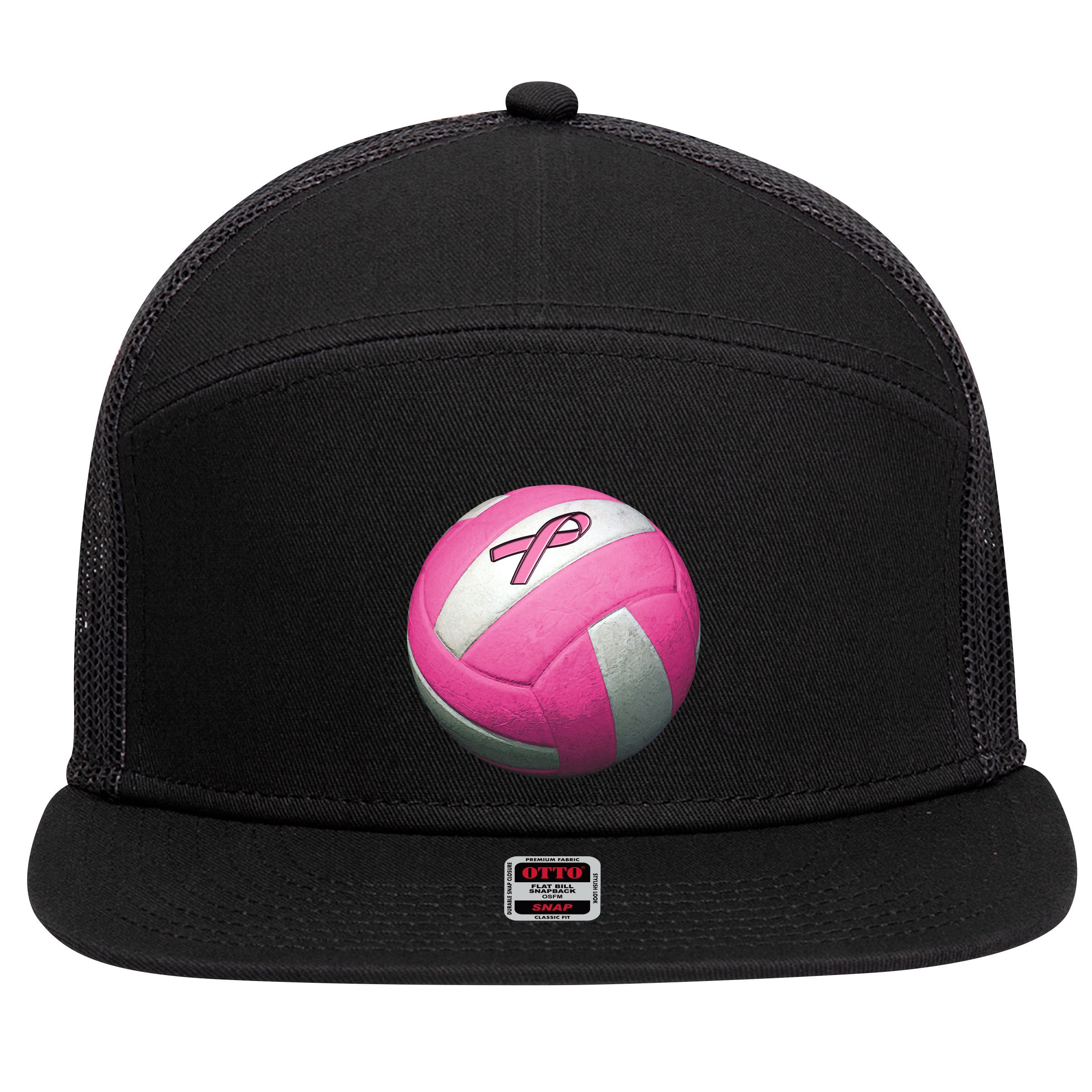 Breast Cancer Ribbon Pink Volleyball 7 Panel Mesh Trucker Snapback Hat