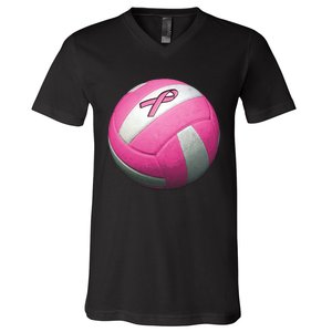 Breast Cancer Ribbon Pink Volleyball V-Neck T-Shirt