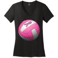 Breast Cancer Ribbon Pink Volleyball Women's V-Neck T-Shirt