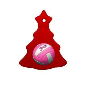 Breast Cancer Ribbon Pink Volleyball Ceramic Tree Ornament