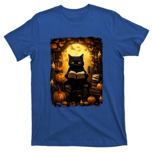 Black Cat Reading Books Halloween Pumpkin Autumn Teachers Gift T-Shirt