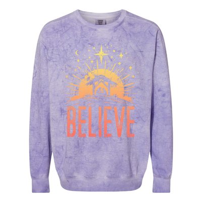 Believe Christmas Religious Nativity Baby Jesus Manger Colorblast Crewneck Sweatshirt