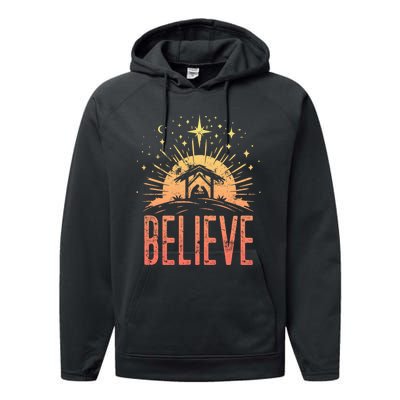 Believe Christmas Religious Nativity Baby Jesus Manger Performance Fleece Hoodie