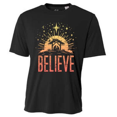 Believe Christmas Religious Nativity Baby Jesus Manger Cooling Performance Crew T-Shirt