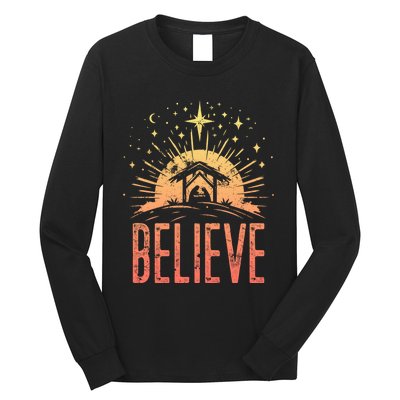 Believe Christmas Religious Nativity Baby Jesus Manger Long Sleeve Shirt