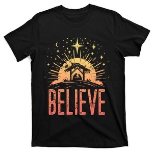 Believe Christmas Religious Nativity Baby Jesus Manger T-Shirt