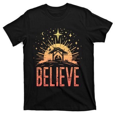 Believe Christmas Religious Nativity Baby Jesus Manger T-Shirt