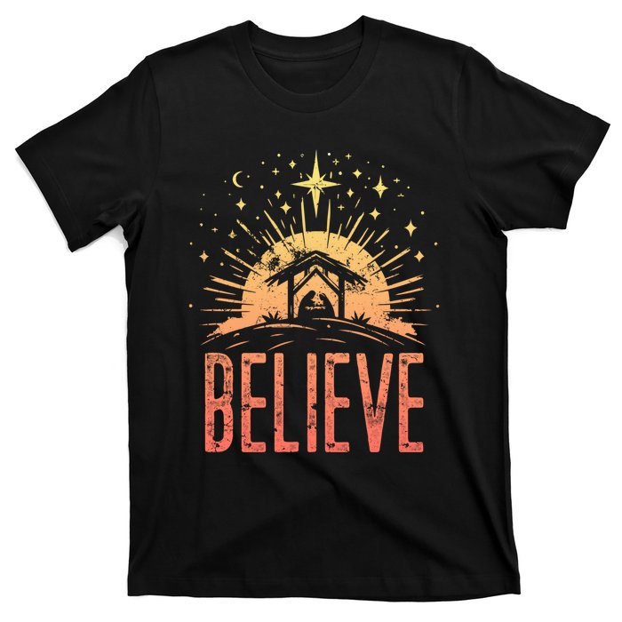 Believe Christmas Religious Nativity Baby Jesus Manger T-Shirt