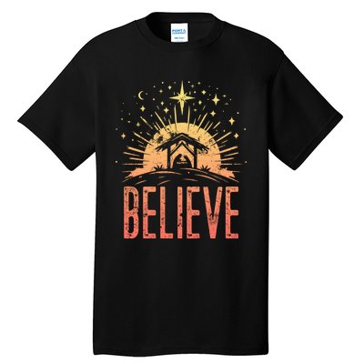 Believe Christmas Religious Nativity Baby Jesus Manger Tall T-Shirt